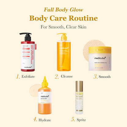 [medicube] Smooth & Clear Body Care Set | Hypochlorous Acid Body Peel Shot, Kojic Acid Turmeric Body Wash, Toner Pad, Toner, Mist | Exfoliating for Dead Skin Cells & Excess Sebum & Clearing for After Spots, Texture & Uneven Skin Tone | K-Beauty